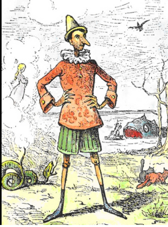 Pinocchio tegnet til Le Avventure di Pinocchio.
Tegner er Enrico Mazzanti1852 - 1910. Det er ikke sikker at nesen vokser når vi sier noe usant. Kanskje forstår vi ikke at det ikke er sant